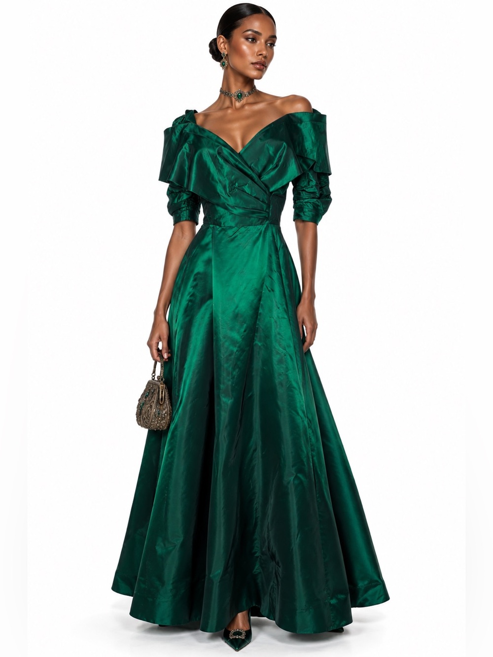 VINTAGE 90's Victorian Renaissance Medieval Emerald Off-Shoulder Evening Gown